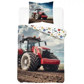 Traktoros ágyneműhuzat 140x200 cm 100% pamut gyerekeknek piros traktor mintával