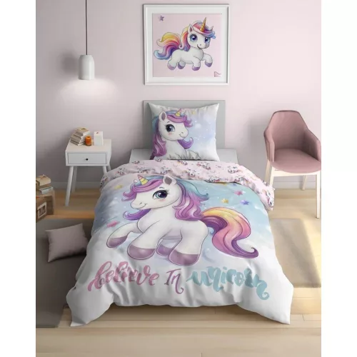 Unikornisos ágyneműhuzat 140x200 cm 100% pamut gyerekeknek szivárvány unikornis mintával