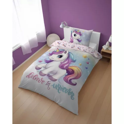 Unikornisos ágyneműhuzat 140x200 cm 100% pamut gyerekeknek szivárvány unikornis mintával