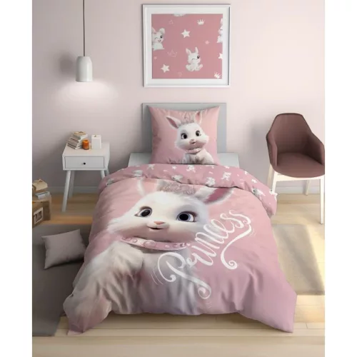 Hercegnős nyuszis ágyneműhuzat 140x200 cm 100% pamut gyerekeknek rózsaszín mintával