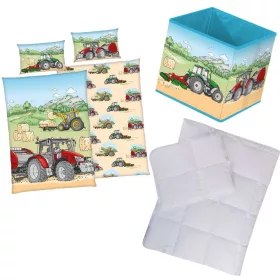 Traktoros mintás ovis ágyneműszett paplannal, párnával és 30×30×30 cm-es tárolódobozzal – tökéletes választás ovisoknak