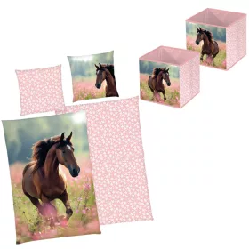Lovas ágynemű tárolódobozzal 140x200+70x90 cm 100% pamut ágynemű és 30x30x30 cm polipropilén tárolódoboz gyerekeknek
