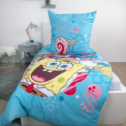SpongyaBob ágynemű 135×200 cm + 70×90 cm – 100% pamut Renforcé, cipzáras záródás, vidám Bikini Bottom grafika
