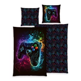 Gamer kontroller mintás ágyneműhuzat – 100% poliészter, neon dizájn, kétoldalas minta, 135x200 cm paplanhuzat és 80x80 cm párnahuzat, cipzáras záródással, 40°C-on mosható