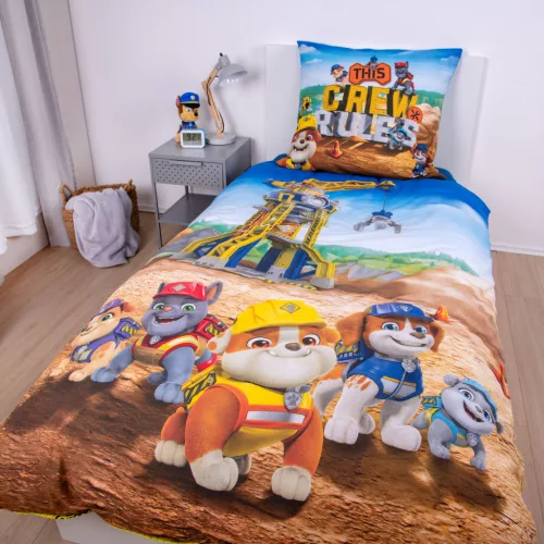Mancs Őrjárat Rubble Crew ágyneműszett 140x200 + 70x90 cm – 100% pamut, cipzáros, 60°C-on mosható, építkezéses mintával