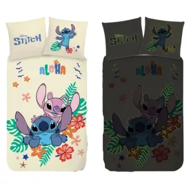 Stitch ágyneműhuzat szett – 100x135 + 40x60 cm, 100% pamut, kétoldalas, világít a sötétben, Disney Aloha mintás