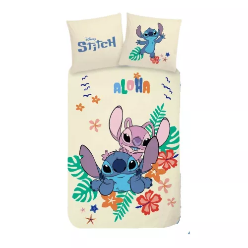 Stitch ágyneműhuzat szett – 100x135 + 40x60 cm, 100% pamut, kétoldalas, világít a sötétben, Disney Aloha mintás