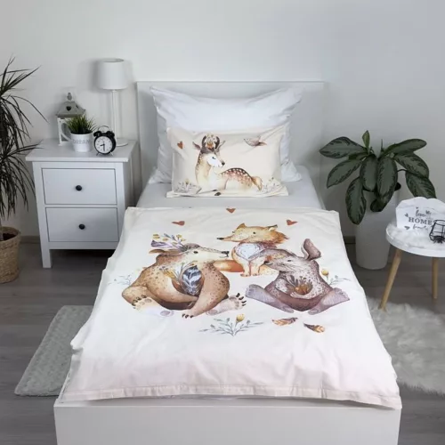 erdei állatos ágynemű 100x135 40x60 cm pamut gyerek medve róka nyuszi őzike akvarell stílus természetes minta bézs alapon