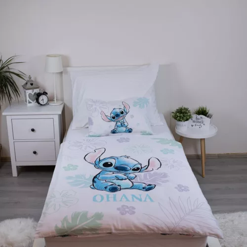 stitch ágynemű 100x135 40x60 cm pamut disney ohana felirat virágos hawaii gyerek huzat kékes lila mintával