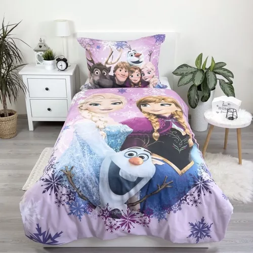 Jégvarázs ágynemű 140x200+70x90 cm – Elsa, Anna és Olaf mintás gyerek ágyneműhuzat 100% pamutból